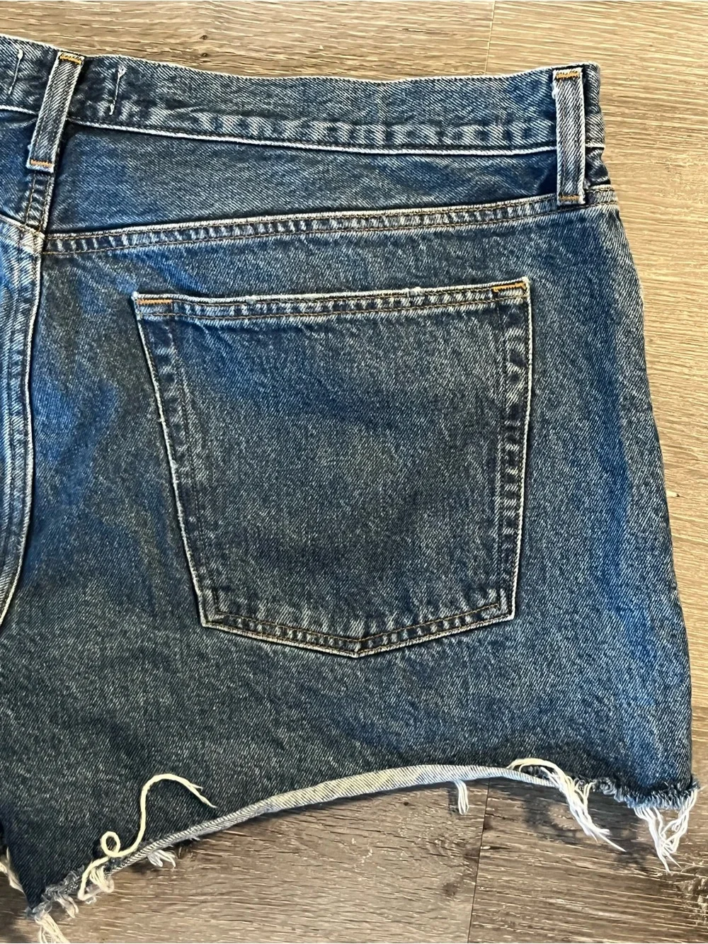 AGOLDE Blue Parker Long Denim Shorts Size 34 Raw Hem Distressed Organic Cotton